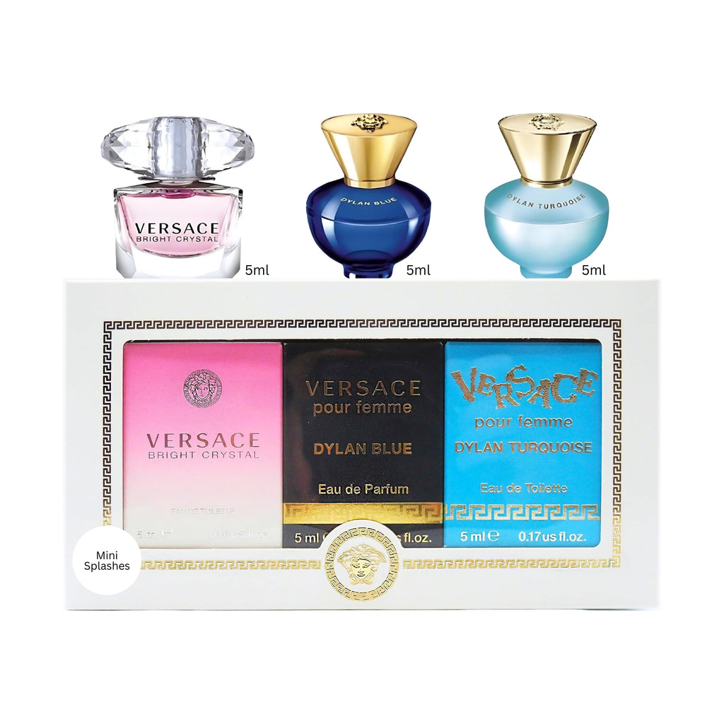 Versace 3 Pcs Mini Set For Women (Individual Box): Dylan Turquoise 5 Ml Eau De Toilette + Dylan Blue 5 Ml Eau De Parfum + Bright Crystal 5 Ml Eau De Toilette
