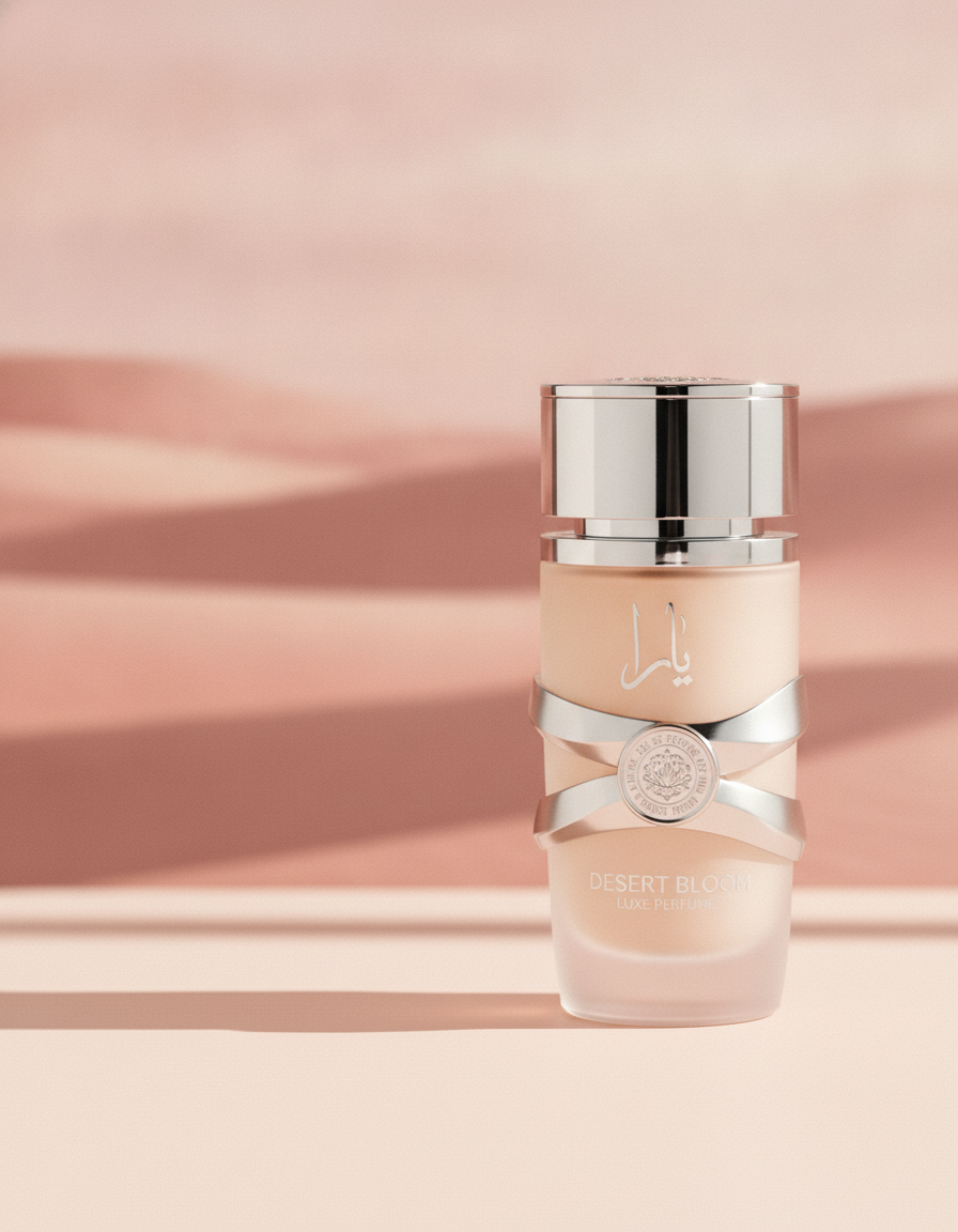 A 100ml bottle of Desert Bloom Luxe Perfume with elegant design sits on a warm cream surface, with a soft blush pink and rose
