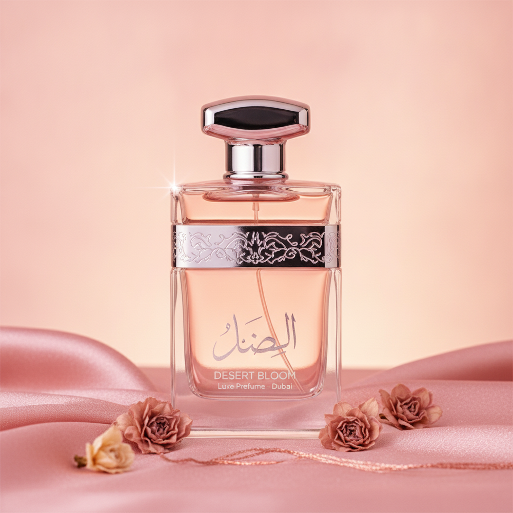 Desert Bloom Luxe Perfume 100ml bottle, centered on a gradient background of blush pink and warm cream.