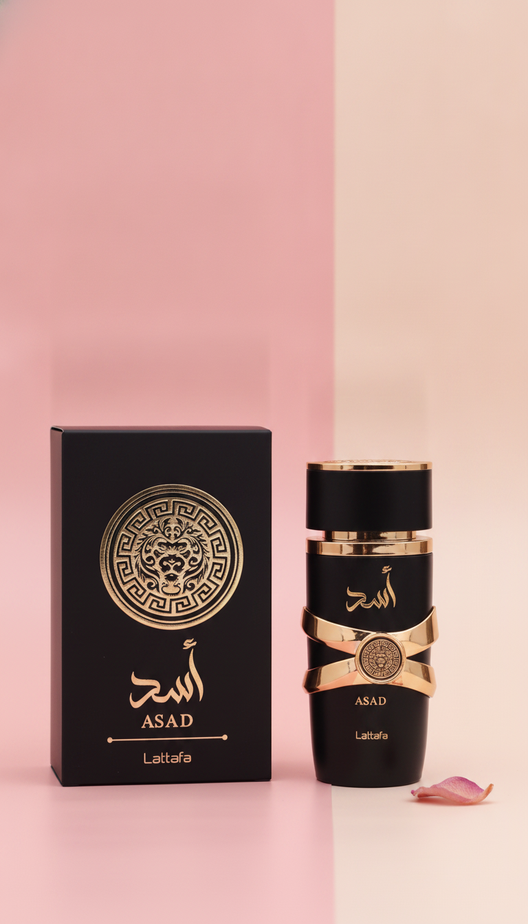 A luxurious bottle of Desert Bloom Luxe Perfume stands centered on a soft gradient background of blush pink and warm cream.