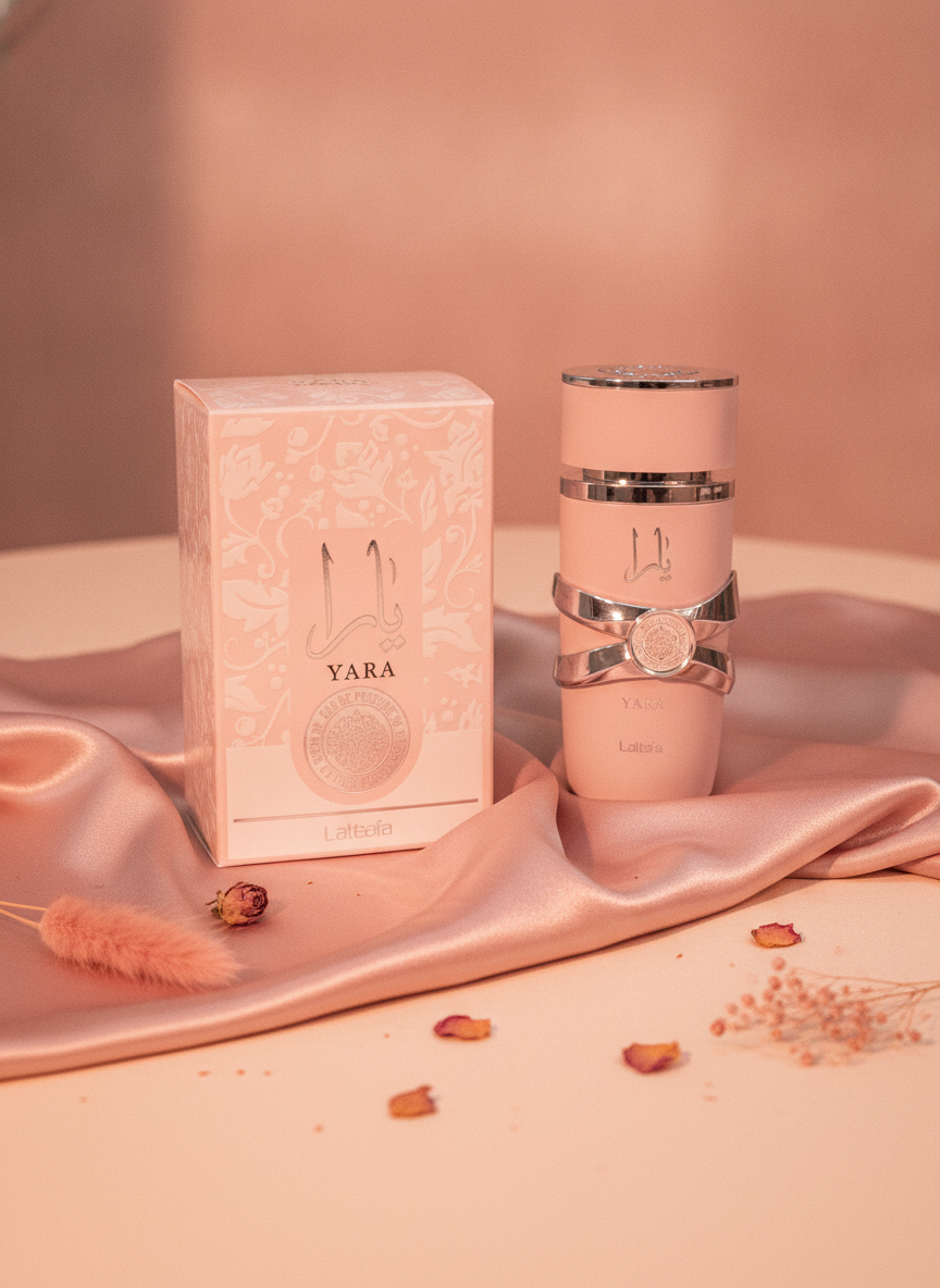 Flat-lay of a Desert Bloom Luxe Perfume 100ml bottle on a warm cream surface, with blush pink silk fabric draped around it.