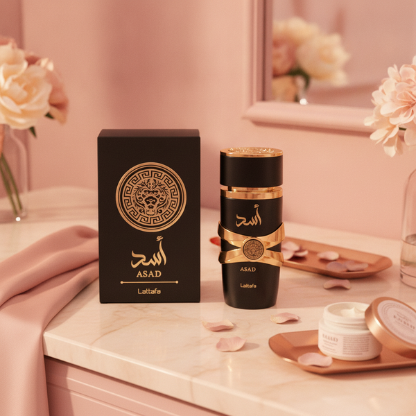 Elegant Desert Bloom Luxe Perfume bottle on a vanity, reflecting soft light in a blush pink and cream room.