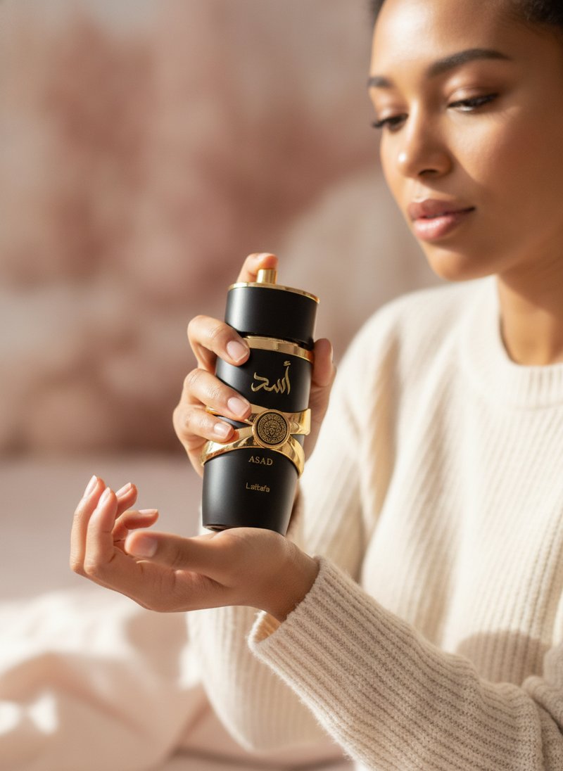 A woman applies Desert Bloom Luxe Perfume to her wrist in a sunlit bedroom, holding the 100ml bottle.